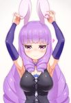  animal_ears armpits arms_up bad_id bad_pixiv_id bangs blunt_bangs bunny_ears chuchu_(show_by_rock!!) cross-laced_clothes detached_sleeves heart highres long_hair looking_at_viewer purple_eyes purple_hair ringlets show_by_rock!! smile solo ten_piboshi upper_body 