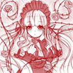  :o bad_id bad_pixiv_id blush bonnet bow closed_mouth curly_hair doll dress flower frills hair_ribbon highres lolita_fashion long_hair long_sleeves looking_at_viewer mmoe_chan monochrome parted_lips red red_dress red_eyes red_flower red_rose ribbon rose rozen_maiden shinku sketch solo thorns twintails upper_body 