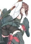  absurdres armpits ass bike_shorts bow_(weapon) breasts brown_eyes brown_hair cameltoe crossbow flight_deck hair_between_eyes headband headgear highres kantai_collection looking_at_viewer looking_back machinery muneate nebusoku pleated_skirt see-through short_hair sideboob skindentation skirt small_breasts solo taihou_(kantai_collection) thighs weapon 