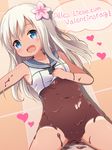  :d blue_eyes blush bottomless chocolate chocolate_clothes chocolate_on_pussy flower german hair_flower hair_ornament heart kantai_collection long_hair lying navel nekono_rin on_back open_mouth ro-500_(kantai_collection) smile solo speech_bubble tan tanline valentine white_hair 