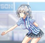  arm_behind_back blue_eyes employee_uniform hat hijirin kantai_collection kashima_(kantai_collection) lawson long_hair outstretched_hand silver_hair skirt smile solo twintails uniform 