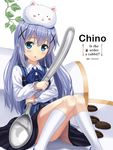  angora_rabbit animal animal_on_head blue_eyes blue_hair bunny bunny_on_head gochuumon_wa_usagi_desu_ka? kafuu_chino long_hair npcpepper on_head oversized_object rabbit_house_uniform spoon tippy_(gochiusa) 