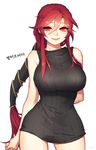  1girl bare_shoulders breasts curvy large_breasts league_of_legends long_hair looking_at_viewer red_eyes red_hair shyvana smile solo standing sweater wide_hips 