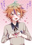  ;d aina123 bad_id bad_pixiv_id brown_eyes brown_hair fang gotou_toushirou heart heart_hands male_focus multicolored_hair one_eye_closed open_mouth polka_dot polka_dot_background smile solo streaked_hair touken_ranbu translation_request upper_body 
