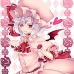  absurdres argyle argyle_background ascot bad_id bad_pixiv_id bat_wings bow brooch hat hat_bow highres jewelry lavender_hair mob_cap nail_polish red_eyes red_nails remilia_scarlet solo sparkle touhou wings yutazou 