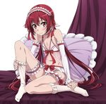  blush flat_chest frilled_panties frilled_pillow frills full_body highres joukamachi_no_dandelion lingerie long_hair low_twintails panties pillow pink_panties red_eyes red_hair sakurada_akane solo source_request twintails underwear 