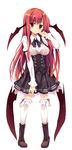  adapted_costume bat_wings blush boots cross-laced_footwear full_body head_wings highres koakuma long_hair long_sleeves looking_at_viewer maturiuta_sorato red_eyes red_hair solo standing thighhighs touhou underbust white_legwear wings 