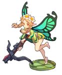  blonde_hair bow_(weapon) braid butterfly_wings crossbow fairy faux_figurine flower hair_flower hair_ornament long_hair mercedes odin_sphere orange_eyes pointy_ears solo taroji twin_braids weapon wings 