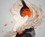  bad_id bad_pixiv_id bangs black_shirt blush braid earphones expressionless flower from_side grey_background hair_over_shoulder half-closed_eyes headphones long_hair looking_away muted_color original petals portrait profile shirt silver_hair simple_background single_braid solo tofuvi wind 