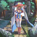  blonde_hair blue_dress blue_eyes breasts capelet cleavage detached_sleeves dress forest full_body hat large_breasts long_hair long_sleeves looking_at_viewer low_twintails masao nature original pond ruins side_slit smile solo staff thighhighs thighs twintails white_legwear wide_sleeves 