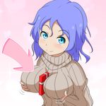  alternate_costume aqua_eyes between_breasts box breast_lift breasts cato_(monocatienus) commentary_request directional_arrow gift gift_between_breasts gift_box incoming_gift large_breasts lavender_hair letty_whiterock long_sleeves looking_at_viewer ribbed_sweater smile solo sweater touhou turtleneck upper_body valentine 