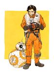  bb-8 full_body gloves headwear_removed helmet helmet_removed leaning_on_person matsuri6373 pilot_suit poe_dameron rebel_pilot robot smile star_wars star_wars:_the_force_awakens vest 