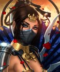 1girl armlet braid breasts bridal_gauntlets brown_hair cleavage earrings face_mask fan fighting_stance folding_fan hair_ornament half_mask highres jewelry kitana looking_at_viewer makeup mask mortal_kombat mountain multiple_braids realistic revealing_clothes solo toned weapon 