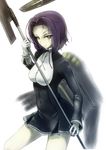  absurdres cowboy_shot glaive gloves hair_intakes highres holding holding_weapon kantai_collection light_smile long_sleeves looking_at_viewer mechanical_halo nito_(nshtntr) polearm purple_eyes purple_hair school_uniform short_hair simple_background smile solo tatsuta_(kantai_collection) weapon white_background white_gloves 