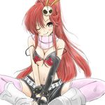  belt bikini_top breasts cleavage hair_ornament highres kuroneko_koubou long_hair medium_breasts navel off_shoulder one_eye_closed pink_legwear red_hair scarf sitting skull_hair_ornament smile solo studded_belt studded_bracelet tengen_toppa_gurren_lagann thighhighs yoko_littner 