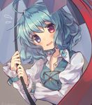  artist_name blue_eyes blue_hair blush flying_sweatdrops grey_background head_tilt heterochromia highres karakasa_obake long_sleeves looking_at_viewer open_mouth puffy_sleeves red_eyes shirt short_hair simple_background solo source_request tatara_kogasa tongue touhou umbrella upper_body usamata vest wavy_mouth 