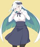  artoria_pendragon_(all) bad_id bad_pixiv_id black_legwear blue_hair blush brynhildr_(fate) cosplay dress_shirt fate/prototype fate/prototype:_fragments_of_blue_and_silver fate/stay_night fate_(series) gitakua high-waist_skirt highres long_hair neck_ribbon pantyhose purple_eyes ribbon saber saber_(cosplay) shirt skirt solo very_long_hair white_shirt yellow_background 