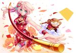  absurdres blue_eyes brown_footwear chinese_clothes cleavage_cutout cloud confetti flower foreshortening hair_ornament highres holding holding_staff looking_at_viewer monkey mr._j.w original pink_hair shoes side_ponytail smile solo staff 