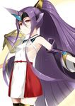  bangs bare_shoulders blazblue blazblue:_central_fiction blush breasts detached_sleeves headgear high_ponytail highres kamata_yuuya long_hair looking_at_viewer mikado_(blazblue) parted_bangs purple_hair red_eyes sideboob sidelocks skirt small_breasts solo thighhighs very_long_hair 