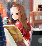  animal_print bead_curtain bottle brown_eyes brown_hair bunny_print cup food fringe_trim fruit hair_ornament hairclip kotatsu long_hair looking_at_viewer mandarin_orange maneki-neko multiple_girls natsui_tuna original phone pot short_hair sitting steam stove table topknot 