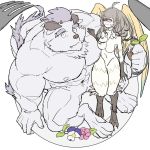  animal_humanoid anthro avian avian_humanoid behemoth_(housamo) big_muscles canid canine duo eyewear feathers featureless_crotch female glasses harpy horn humanoid male mammal monster muscular muscular_male nipples nude osansyoup tokyo_afterschool_summoners video_games ziz_(housamo) 