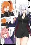  1boy 2girls ahoge astolfo_(fate) bangs black_dress black_gloves black_ribbon black_scrunchie black_shirt blue_jacket blush breasts cleavage collarbone comic command_spell commentary_request cowboy_shot dress eyebrows_visible_through_hair eyelashes fang fate/grand_order fate_(series) from_behind fujimaru_ritsuka_(female) fur_trim gloves gradient gradient_background grey_background hair_between_eyes hair_intakes hair_ornament hair_ribbon hair_scrunchie heart highres jacket jeanne_d&#039;arc_(alter)_(fate) jeanne_d&#039;arc_(fate)_(all) jewelry large_breasts long_sleeves looking_at_viewer multicolored_hair multiple_girls one_side_up open_clothes open_jacket open_mouth orange_hair own_hands_together palms_together pendant pink_hair piro_(iiiiiiiiii) portrait purple_eyes purple_jacket ribbon scrunchie shirt short_dress short_hair silver_hair simple_background smile sparkle speech_bubble standing streaked_hair striped striped_shirt thighs translation_request trap white_background white_hair wicked_dragon_witch_ver._shinjuku_1999 yellow_eyes 