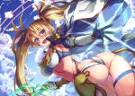  1girl ass bangs bikini blonde_hair blue_bikini blue_eyes blue_sky blush bradamante_(fate/grand_order) braid breasts cleavage elbow_gloves fate/grand_order fate_(series) faulds french_braid gloves hair_between_eyes hair_ornament halo highleg highleg_bikini jacket_on_shoulders large_breasts long_hair looking_at_viewer looking_back open_mouth satou_(kuso-neet) sky smile solo swimsuit thigh_strap thighs twintails two-tone_bikini very_long_hair weapon white_bikini 