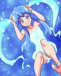  bare_legs barefoot blue blue_background blue_eyes blue_hair chocokin collarbone eyebrows happinesscharge_precure! henshin lingerie long_hair looking_at_viewer precure shirayuki_hime sidelocks signature smile solo thick_eyebrows toes transformation twintails underwear 