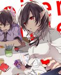  background_text bad_id bad_twitter_id black_hair brown_hair hair_ribbon hatyo himekaidou_hatate long_hair long_sleeves looking_at_viewer multiple_girls necktie no_hat no_headwear one_eye_closed open_mouth pointy_ears red_eyes ribbon shameimaru_aya shirt short_hair short_sleeves table tears touhou twintails yawning yellow_eyes 
