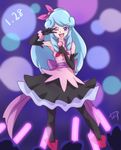  ;d black_gloves black_legwear black_skirt blue_background blue_eyes blue_hair bow chocokin elbow_gloves full_body gloves glowstick hair_bow happinesscharge_precure! hosshiwa idol long_hair microphone one_eye_closed open_mouth pantyhose pink_bow pink_shirt precure purple_bow shirt shoes skirt sleeveless sleeveless_shirt smile solo 