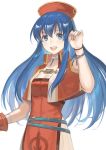  1girl armor blue_eyes blue_hair blush cape dress fire_emblem fire_emblem:_fuuin_no_tsurugi hat headband jewelry kyufe lilina long_hair looking_at_viewer nintendo open_mouth simple_background smile solo white_background 
