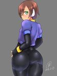  2016 9rimson aile ass brown_hair dated green_eyes highres looking_at_viewer looking_back rockman rockman_zx short_hair signature simple_background skin_tight solo thighs 