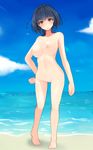  :o bad_proportions barefoot beach black_hair blue_sky blush breasts brown_eyes cloud collarbone day hand_on_hip head_tilt highres horizon large_breasts long_hair looking_at_viewer navel nipples no_pussy nude ocean open_mouth outdoors pon_(shind_997) sky solo standing water 