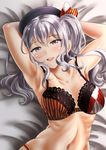  armpits arms_up bed_sheet blue_eyes bra breasts from_above hair_between_eyes kantai_collection kashima_(kantai_collection) kasugano_tobari large_breasts looking_at_viewer lying on_back open_mouth pun silver_hair solo stomach twintails underwear upper_body wavy_hair 