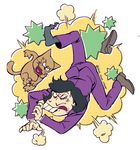  abe_(shee_shee_sheep) anger_vein angry black_hair buck_teeth cat facial_hair fight_cloud fighting formal heart heart_in_mouth iyami loose_socks male_focus mustache osomatsu-kun osomatsu-san purple_suit shoes simple_background single_shoe socks suit white_background 