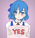  :&lt; blue_dress blue_eyes blue_hair blush bow cirno collared_shirt dress hair_between_eyes hair_bow half-closed_eyes holding holding_pillow lavender_background looking_at_viewer pillow r3t4rd shirt short_hair simple_background solo touhou white_shirt yes yes-no_pillow 