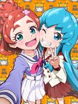  :d blue_eyes blue_hair blush bow brown_hair cheek-to-cheek eyebrows go!_princess_precure grin hair_ornament hairclip happinesscharge_precure! haruno_haruka long_hair looking_at_viewer multiple_girls noble_academy_school_uniform open_mouth pikarigaoka_middle_school_uniform pink_bow pleated_skirt precure red_sailor_collar red_skirt sailor_collar school_uniform shirayuki_hime short_hair skirt smile thick_eyebrows uganda v white_skirt 