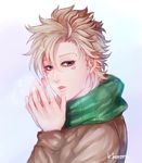  artist_name blonde_hair breath caesar_anthonio_zeppeli eyelashes facial_mark from_side green_eyes hands_together jojo_no_kimyou_na_bouken kedouin_kororu looking_at_viewer male_focus scarf signature solo upper_body 
