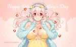  bare_shoulders blush breasts character_name chocolate chocolate_heart cleavage company_name english flower hair_flower hair_ornament happy_valentine head_wreath headphones heart highres large_breasts long_hair looking_at_viewer nitroplus official_art open_mouth pink_hair red_eyes smile solo super_sonico tsuji_santa valentine 