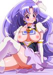  absurdres arm_warmers bad_id bad_pixiv_id bed_sheet blush breasts breasts_outside brooch cure_fortune earrings hair_ribbon happinesscharge_precure! highres hikawa_iona jewelry large_breasts long_hair looking_at_viewer magical_girl nipples precure purple_eyes purple_hair purple_skirt ribbon sharumon shiny shiny_skin sitting skirt solo star star_earrings thighhighs white_legwear wide_ponytail 