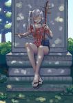  bare_legs bare_shoulders blouse bow_(instrument) bush closed_eyes collarbone crossed_ankles dappled_sunlight detached_sleeves elf erhu feet foot_dangle frills full_body instrument legs long_hair meandros music nail_polish no_socks original outdoors pillar pink_blouse plant playing_instrument pointy_ears sandals shiraha_(pixiv10239953) short_sleeves shorts side_ponytail sidelocks silver_hair sitting smile solo sunlight toenail_polish toes tree 