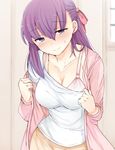  bangs blush bra breasts cleavage collarbone duplicate fate/stay_night fate_(series) hair_ribbon large_breasts long_hair long_skirt looking_at_viewer matou_sakura open_clothes pink_bra pulled_by_self purple_eyes purple_hair red_ribbon ribbon sabujiroko shirt shirt_pull skirt solo underwear white_shirt 