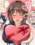  =_= ^_^ ^o^ ahoge aoba_(kantai_collection) black_gloves black_hair blush bow box brown_hair camera closed_eyes collarbone emphasis_lines furutaka_(kantai_collection) gloves hair_ornament hairclip heart heart-shaped_box highres incoming_gift kako_(kantai_collection) kamelie kantai_collection kinugasa_(kantai_collection) laughing looking_at_viewer multiple_girls open_mouth outstretched_arms package pink_hair red_bow ribbon school_uniform shirt short_hair sweat translated upper_body valentine white_hair white_shirt 