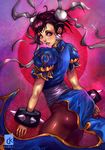  1girl bun_cover capcom chinese_clothes chun-li david_rios double_buns looking_at_viewer pantyhose puffy_sleeves solo spiked_bracelet street_fighter 