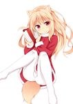  animal_ears bangs binsen blonde_hair closed_mouth eyebrows eyebrows_visible_through_hair gift holding holding_gift long_hair long_sleeves looking_at_viewer no_shoes original pantyhose red_eyes santa_costume simple_background smile solo tail white_background white_legwear 