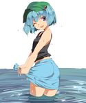  blue_eyes blue_hair cowboy_shot hair_bobbles hair_ornament hasebe_yuusaku hat kawashiro_nitori looking_at_viewer one_eye_closed open_mouth simple_background skirt sleeveless smile solo tank_top touhou twintails two_side_up wading water wet wet_clothes white_background wringing_clothes wringing_skirt 
