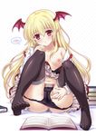  :o ankoromochi blonde_hair blush book breasts feet granblue_fantasy head_wings highres long_hair navel no_shoes off_shoulder panties panty_pull partially_visible_vulva pointy_ears red_eyes shingeki_no_bahamut sitting small_breasts solo thighhighs toe_scrunch toes underwear vampy 