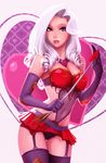  armpits arrow artist_name ashe_(league_of_legends) bandeau bare_shoulders blue_eyes bra breasts buckle carlos_eduardo choker cleavage contrapposto covered_navel cowboy_shot drill_hair elbow_pads eyelashes eyeshadow garter_belt gloves heart heart_background heartseeker_ashe highres hips holding league_of_legends legs_together light_smile lips long_hair looking_at_viewer makeup medium_breasts midriff navel open_mouth panties parted_lips pleated_skirt purple_gloves purple_panties red_bra red_skirt see-through showgirl_skirt simple_background skirt solo standing teeth thigh_gap thighs tsurime underwear valentine white_hair 