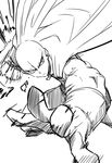  bald cape commentary_request foreshortening glaring gloves greyscale jin_(mugenjin) looking_at_viewer male_focus monochrome motion_lines muscle no_eyes one-punch_man saitama_(one-punch_man) solo 