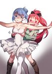  ballerina ballet blue_eyes blue_hair blush boots breast_grab breast_lift breasts cleavage dress fang grabbing groping highres hood hoodie long_hair mahou_shoujo_madoka_magica medium_breasts miki_sayaka multiple_girls outstretched_arms pantyhose pg_(pgouwoderen) red_eyes red_hair sakura_kyouko shaded_face short_hair simple_background smile spread_arms tutu yuri 